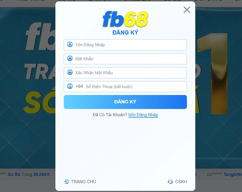 Đăng ký tài khoản Fb68 chơi cá cược thể thao